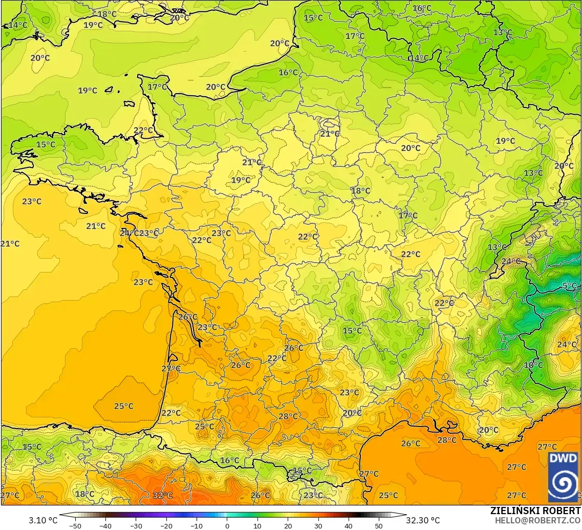ICON modelo - Francia, Temperatura a 2 m