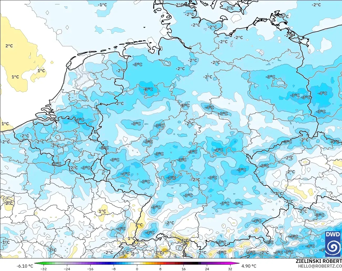 ICON modelo - Alemania, Anomalía de temperatura a 2 m