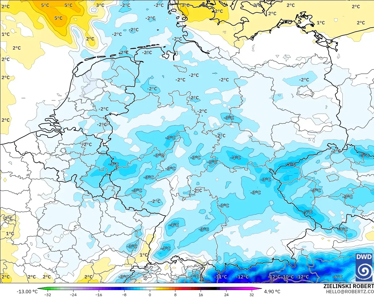 ICON modelo - Alemania, Anomalía de temperatura a 850 hPa