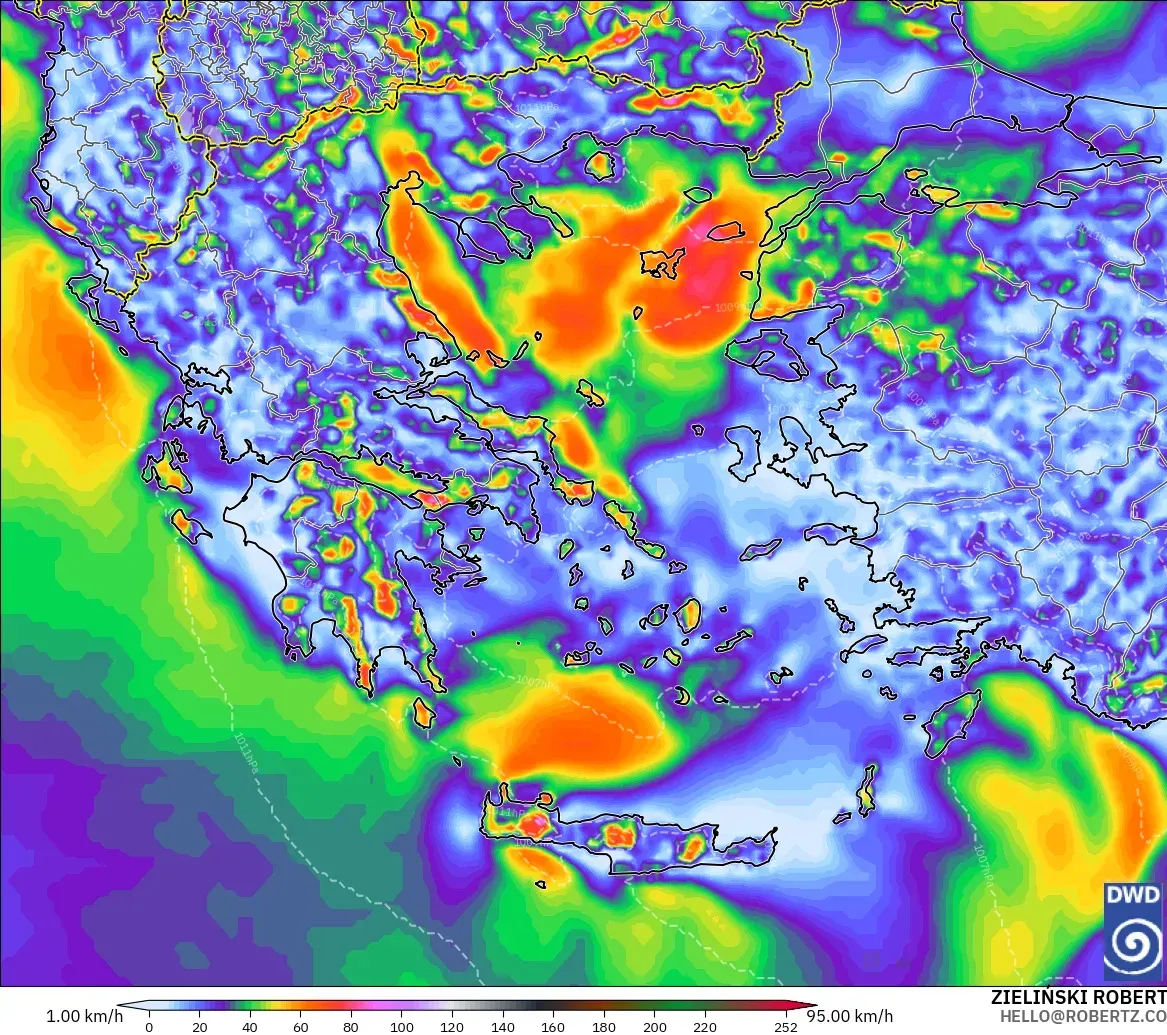ICON modelo - Grecia, Ráfagas de viento