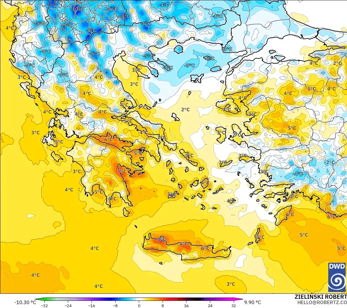 ICON modelo - Grecia, Anomalía de temperatura a 2 m