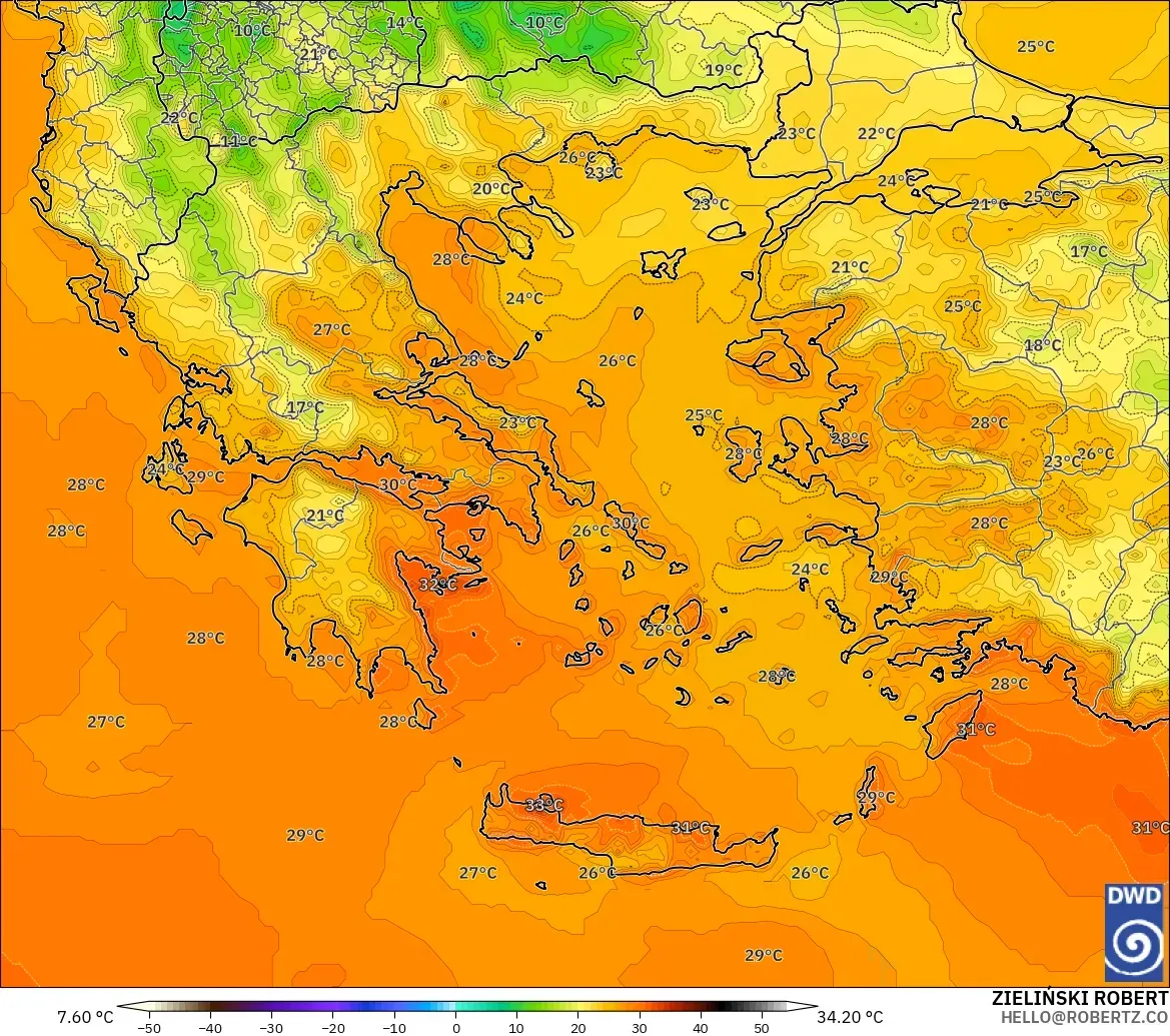 ICON modelo - Grecia, Temperatura a 2 m