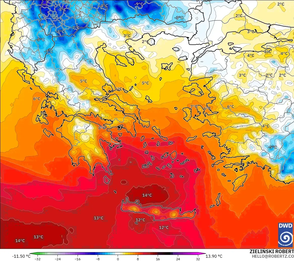 ICON modelo - Grecia, Anomalía de temperatura a 850 hPa