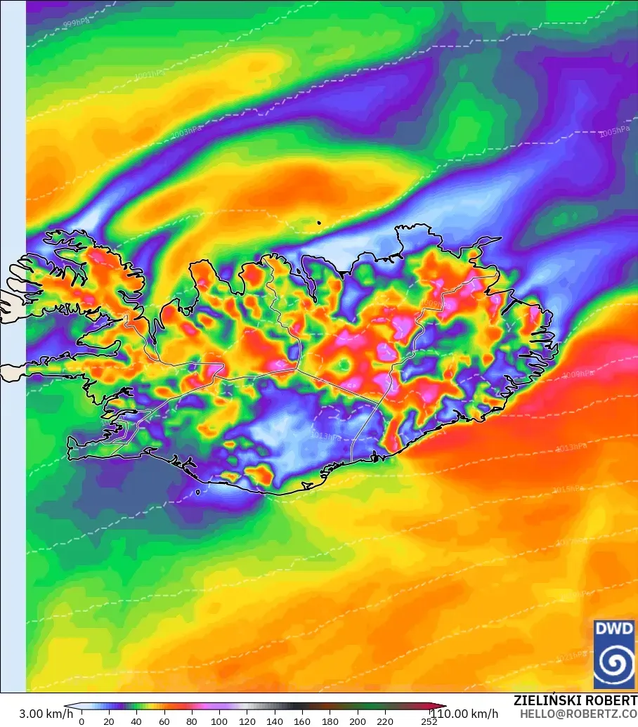 ICON modelo - Islandia, Ráfagas de viento