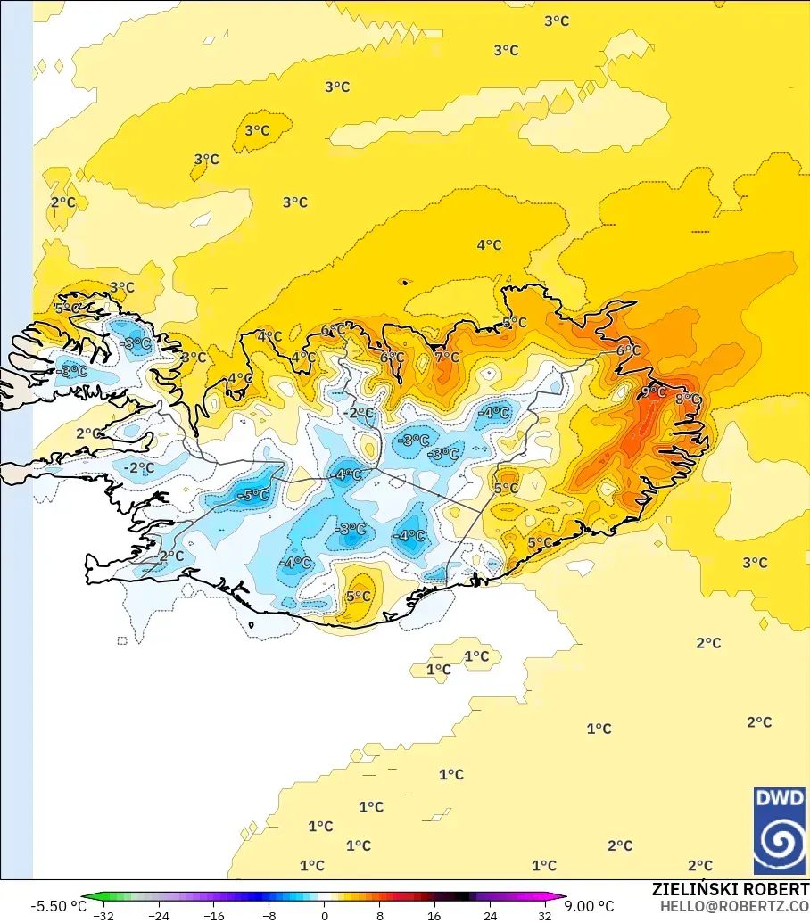 ICON modelo - Islandia, Anomalía de temperatura a 2 m