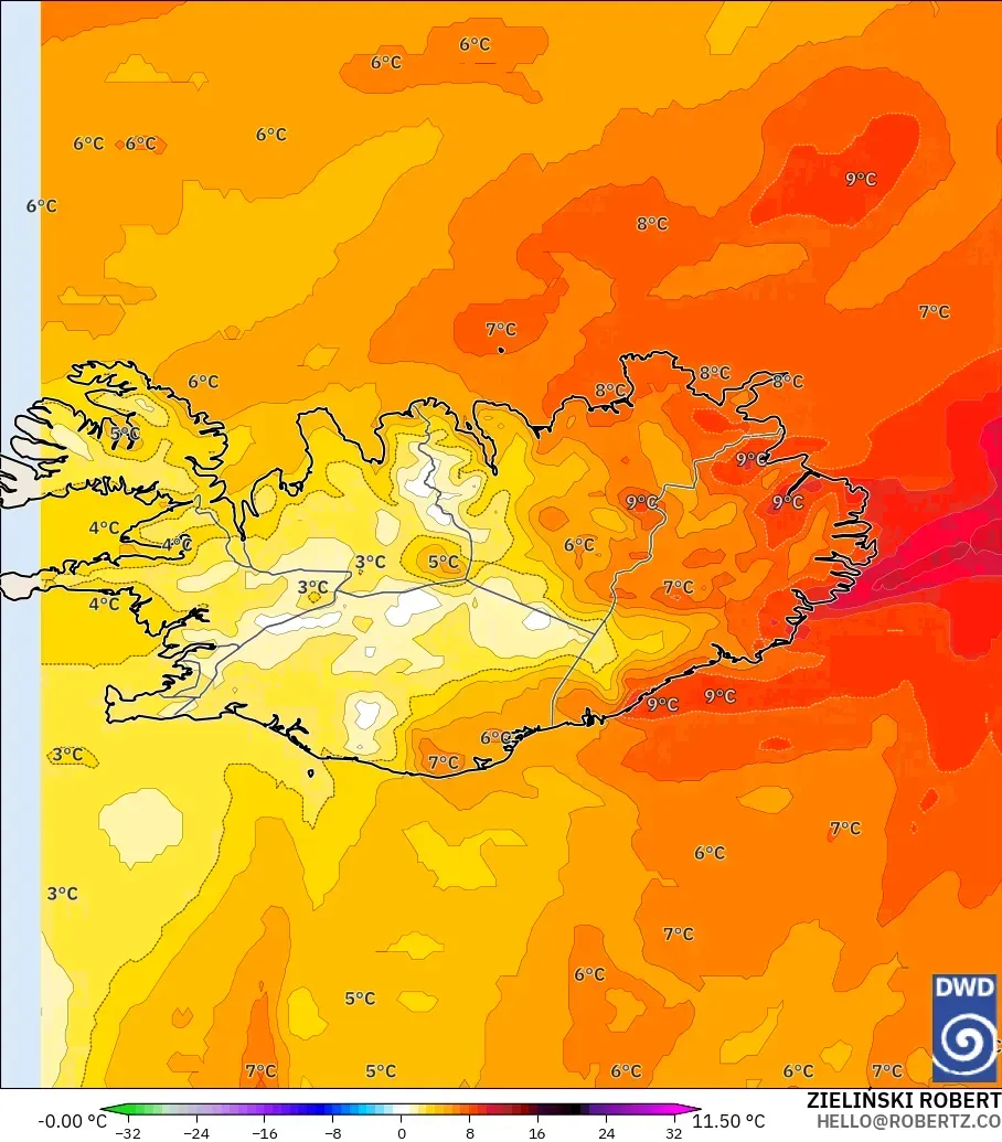 ICON modelo - Islandia, Anomalía de temperatura a 850 hPa