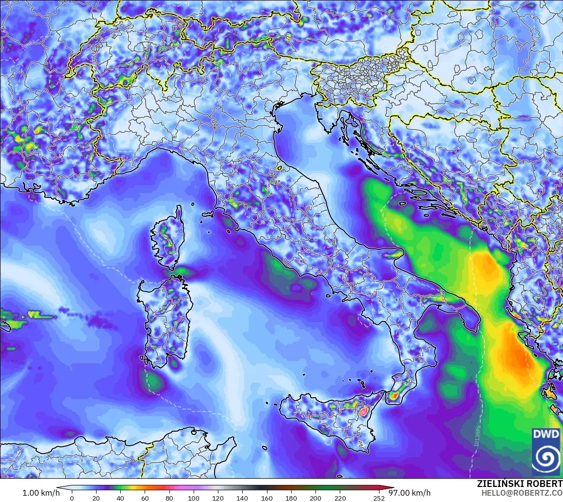 ICON modelo - Italia, Ráfagas de viento