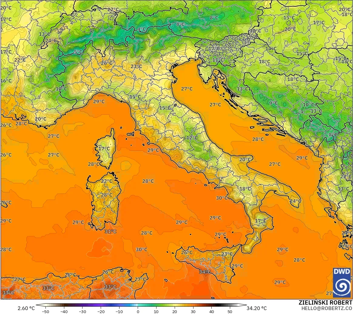 ICON modelo - Italia, Temperatura a 2 m