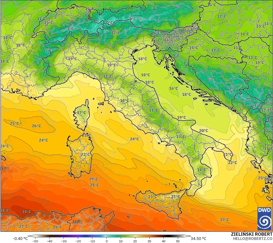 ICON modelo - Italia, Temperatura a 850 hPa