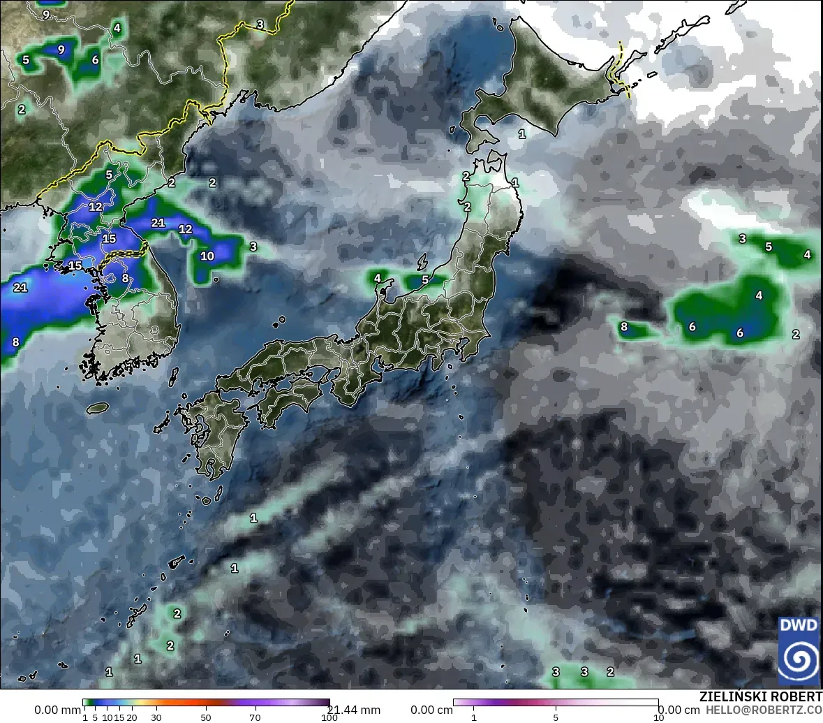 ICON modelo - Japón, Precipitación, nubes y presión