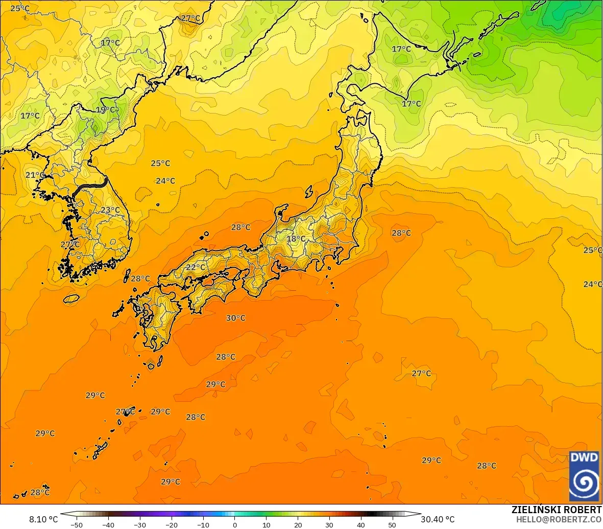 ICON modelo - Japón, Temperatura a 2 m