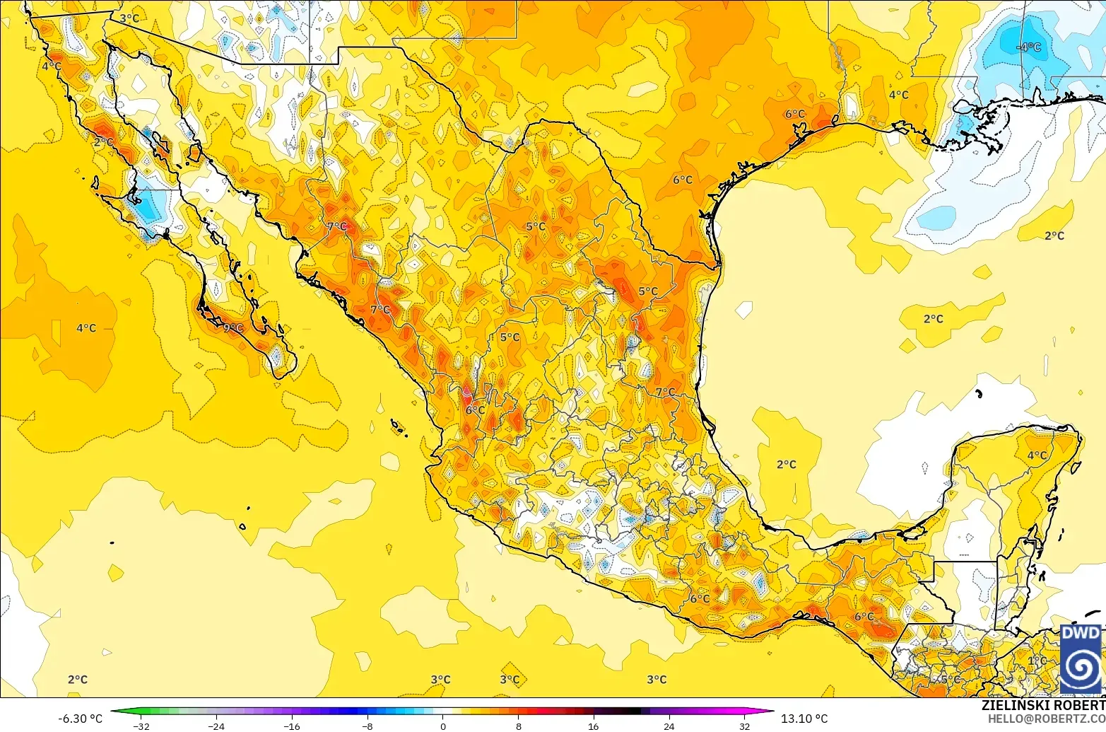 ICON modelo - México, Anomalía de temperatura a 2 m