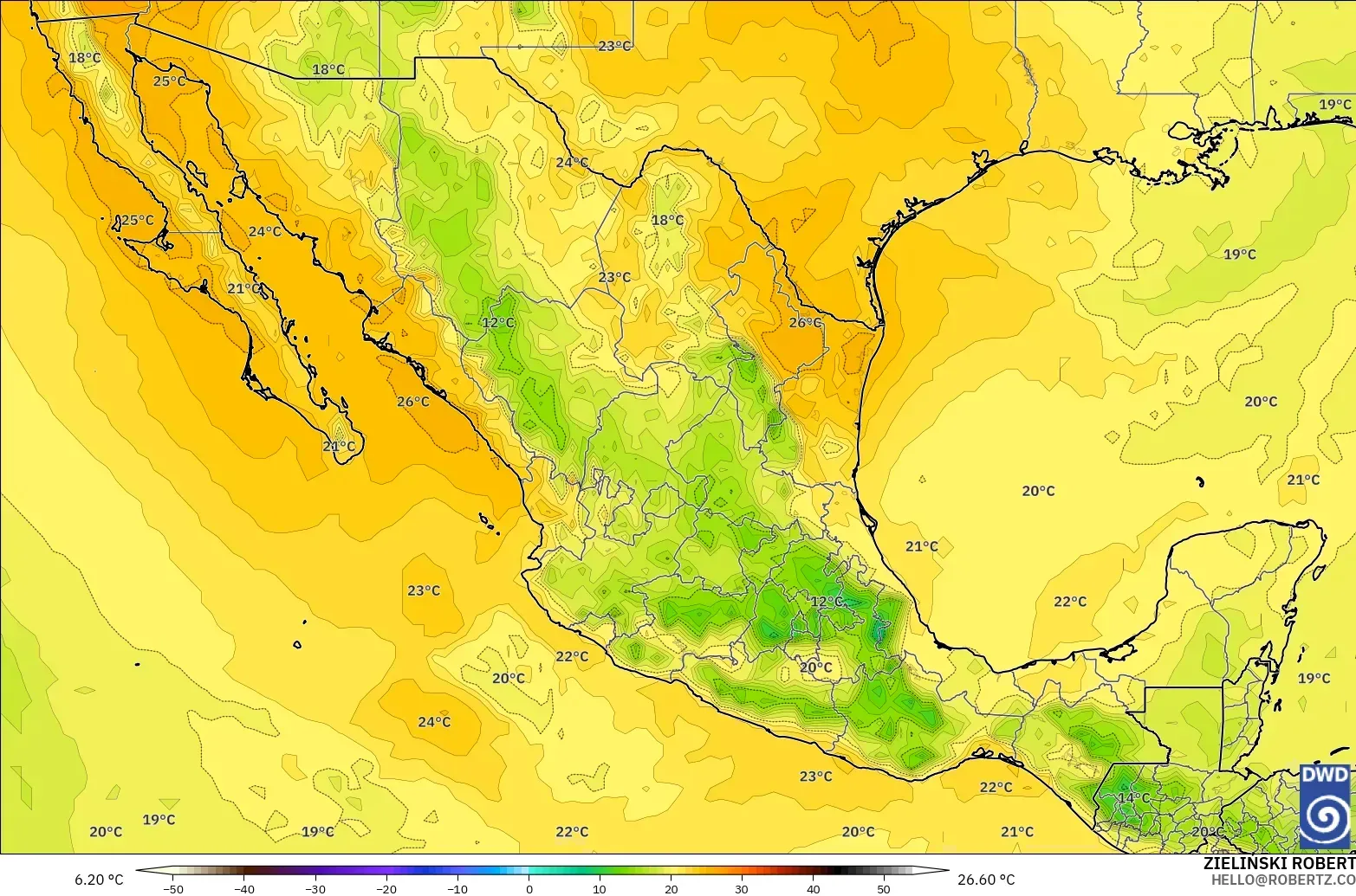 ICON modelo - México, Temperatura a 850 hPa