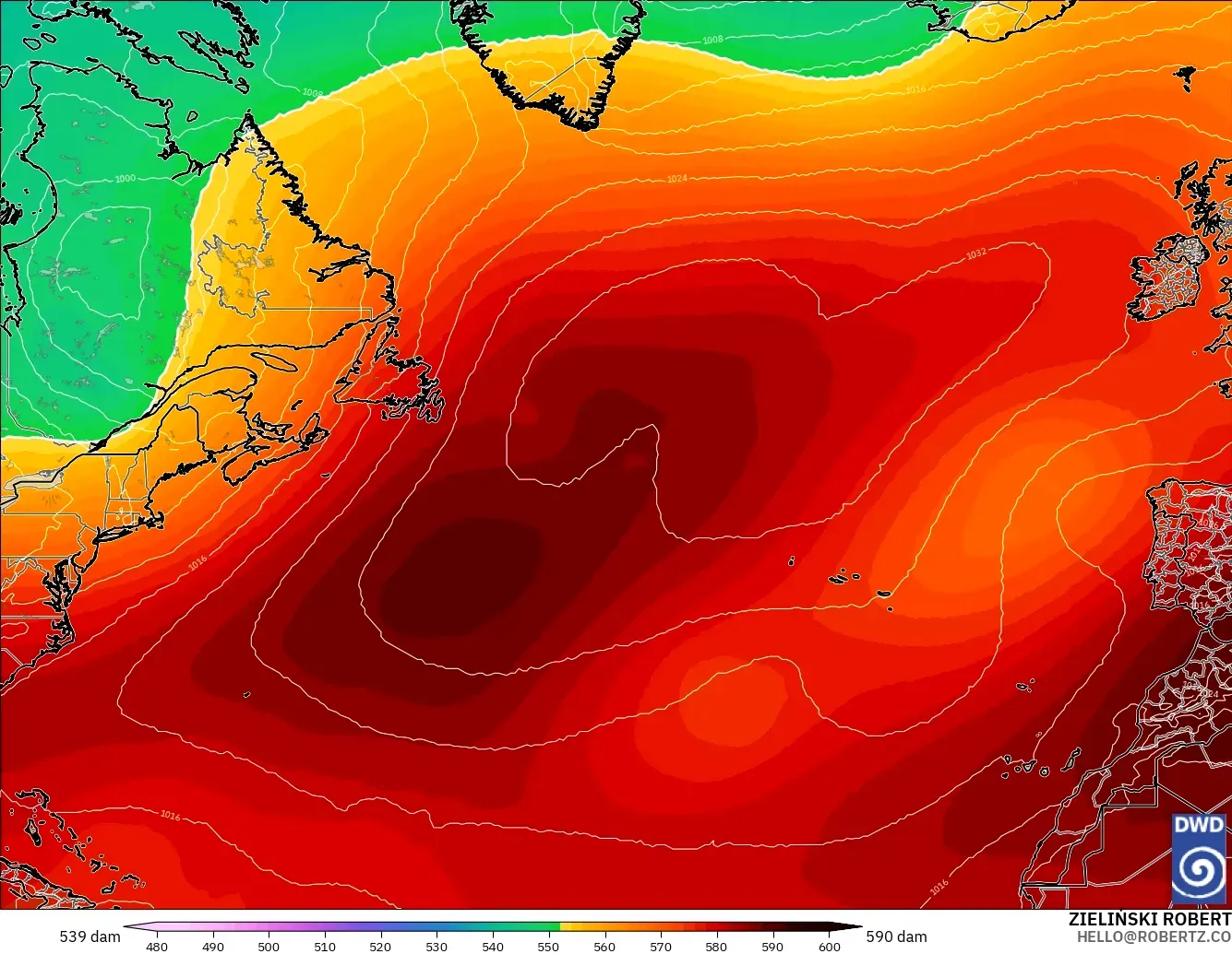 ICON modelo - Norte Atlántico, Altura geopotencial a 500 hPa