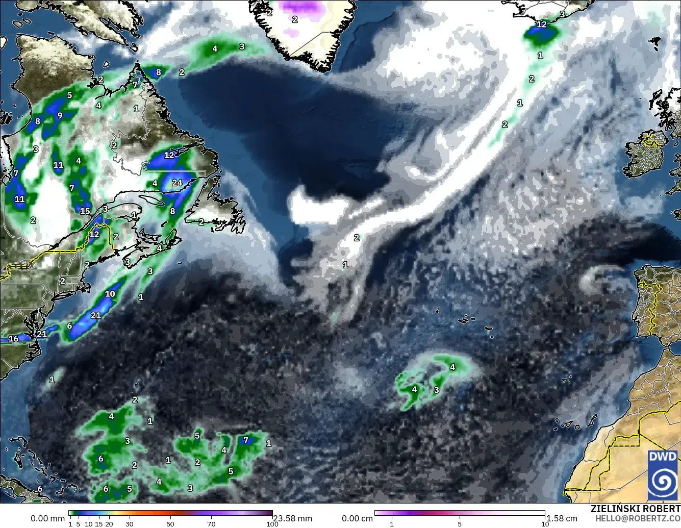 ICON modelo - Norte Atlántico, Precipitación, nubes y presión