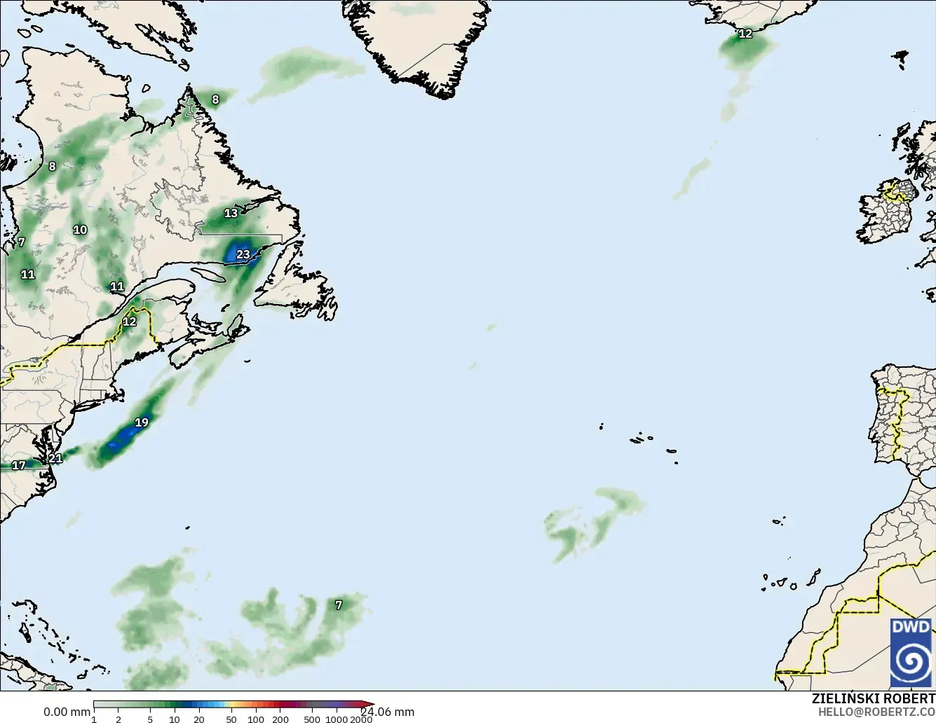ICON modelo - Norte Atlántico, Acumulación de precipitación