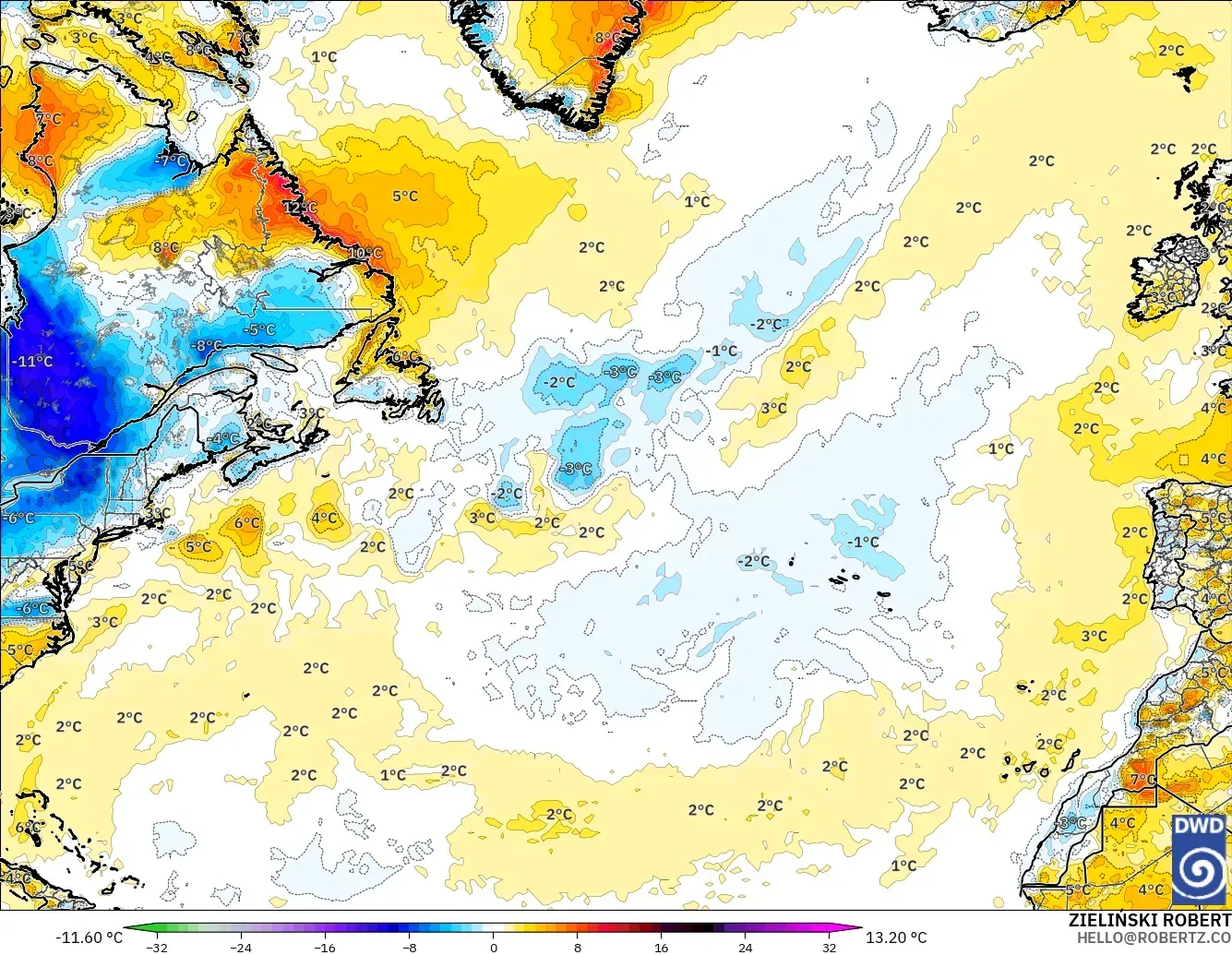 ICON modelo - Norte Atlántico, Anomalía de temperatura a 2 m