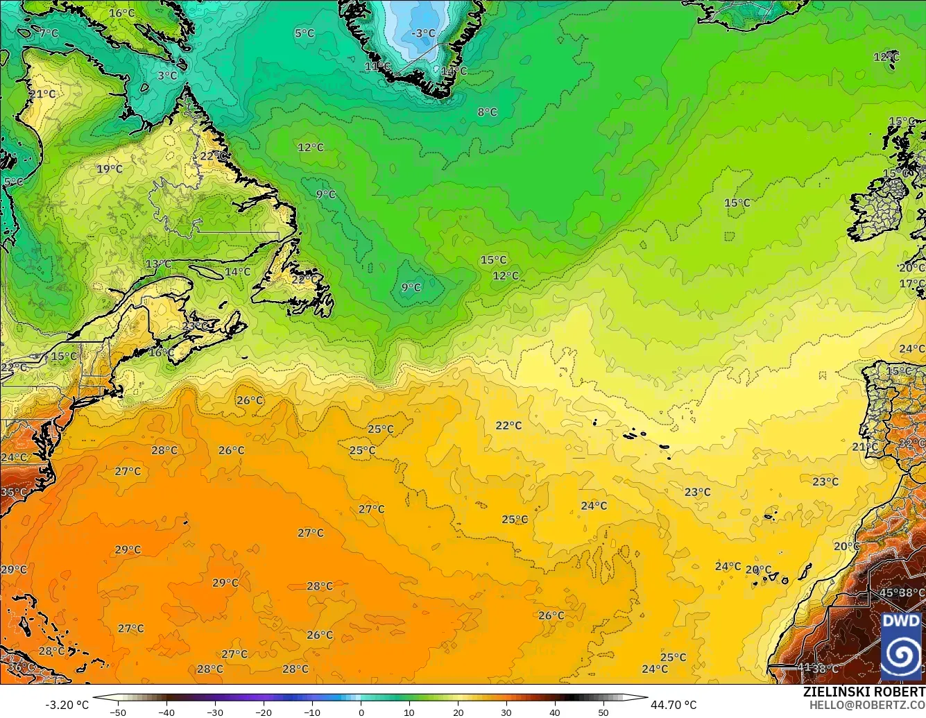 ICON modelo - Norte Atlántico, Temperatura a 2 m
