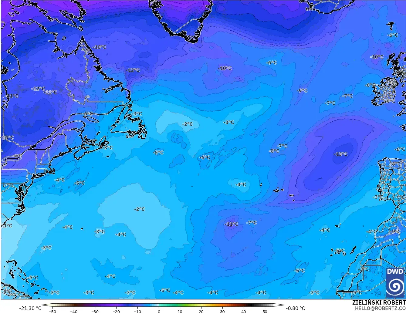ICON modelo - Norte Atlántico, Temperatura a 500 hPa