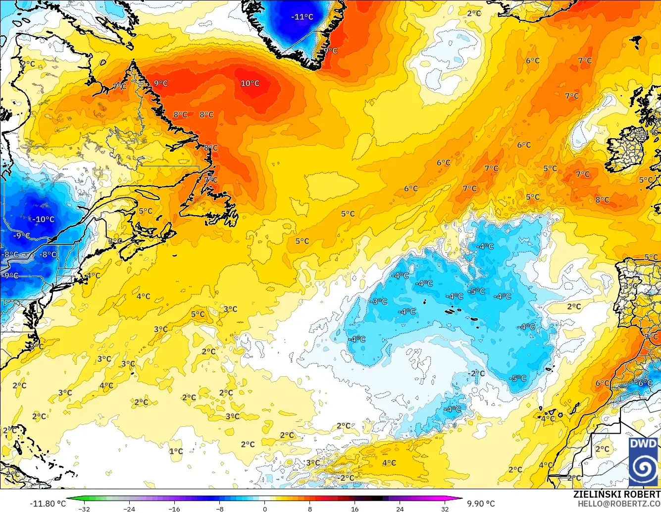 ICON modelo - Norte Atlántico, Anomalía de temperatura a 850 hPa