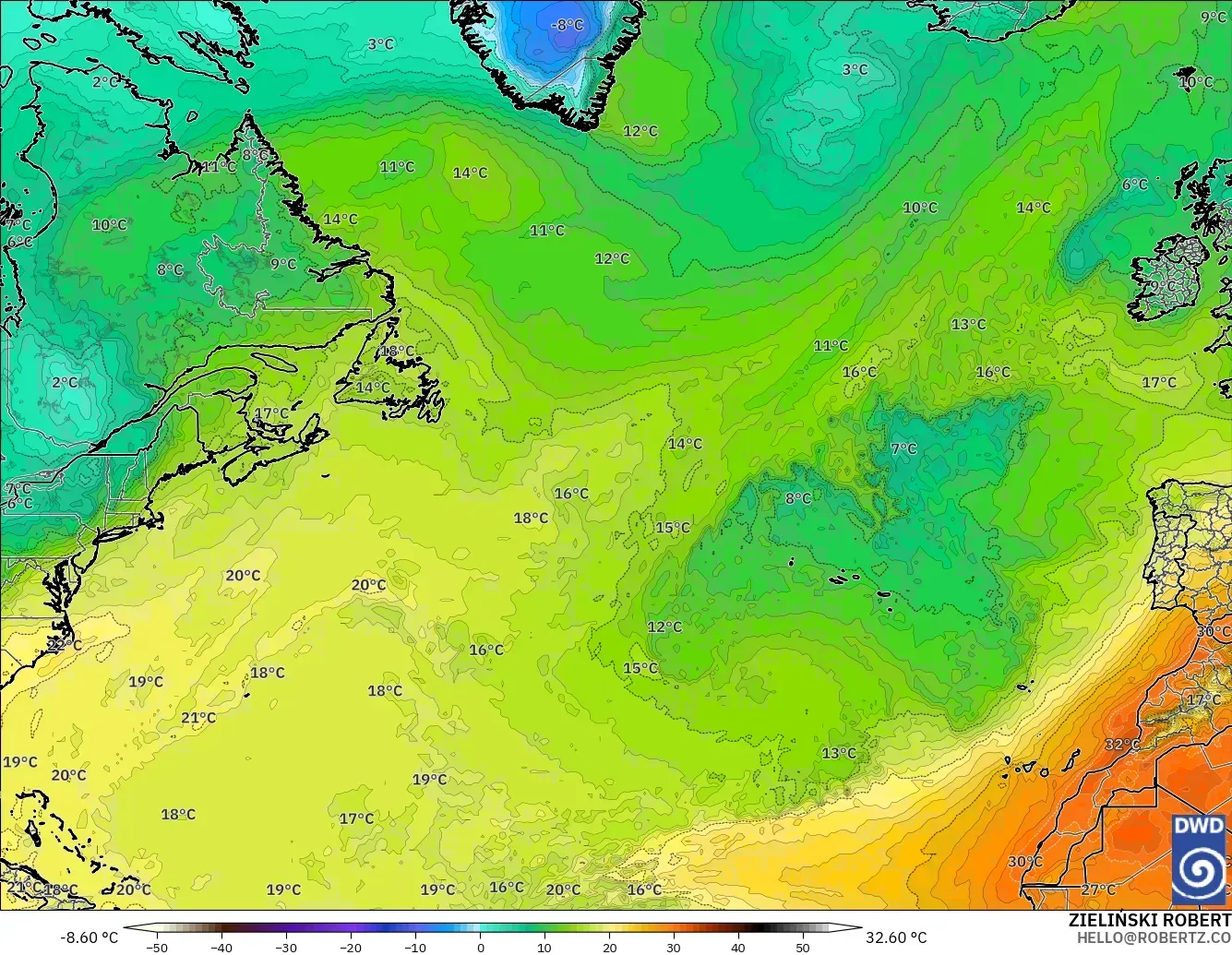 ICON modelo - Norte Atlántico, Temperatura a 850 hPa