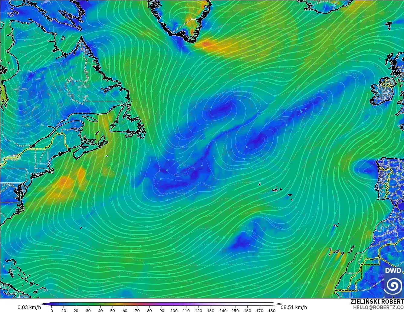 ICON modelo - Norte Atlántico, Viento a 10 m