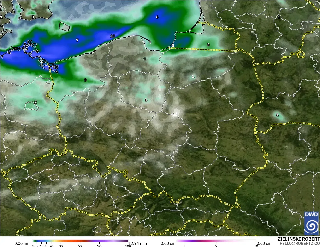 ICON modelo - Polonia, Precipitación, nubes y presión