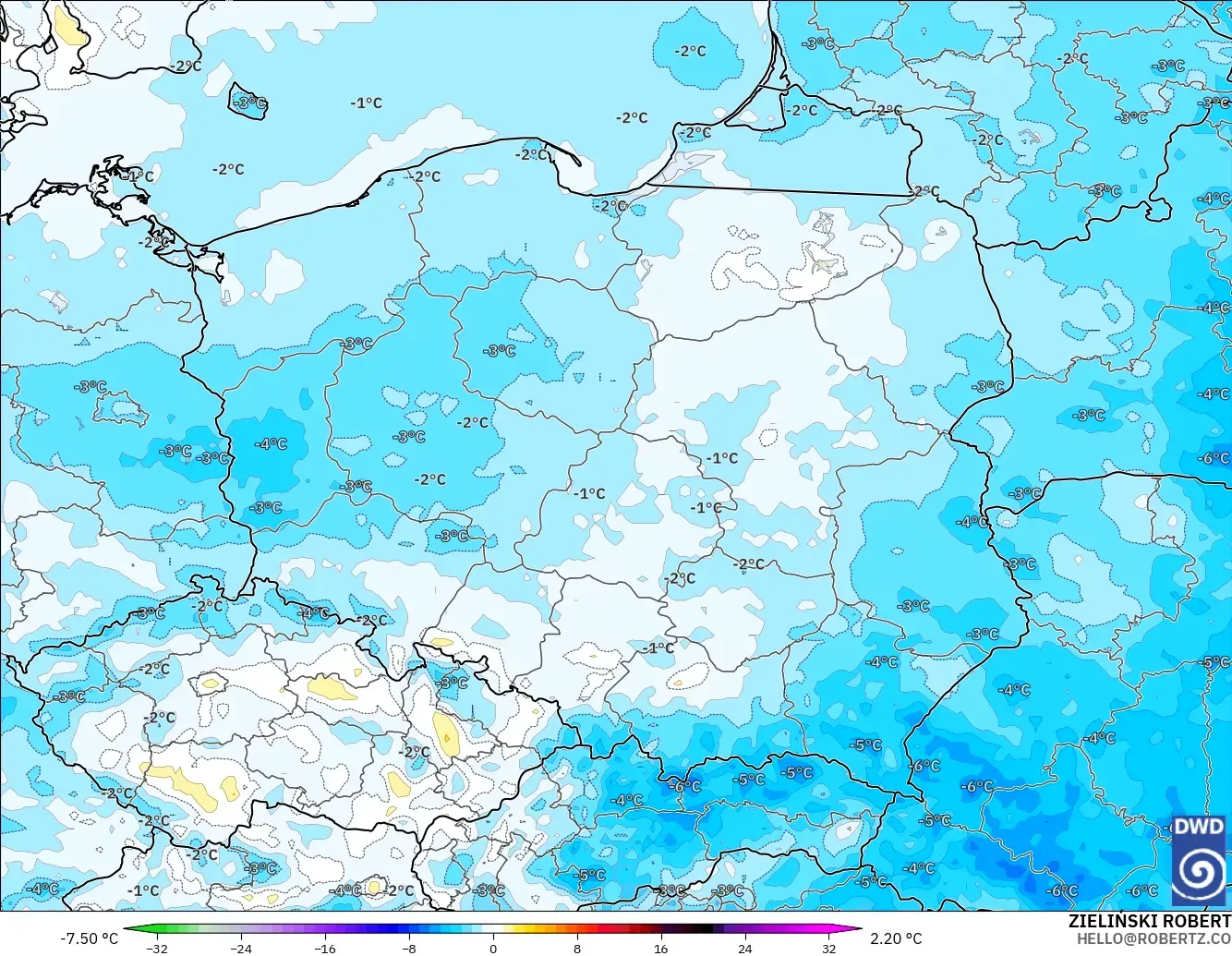 ICON modelo - Polonia, Anomalía de temperatura a 2 m