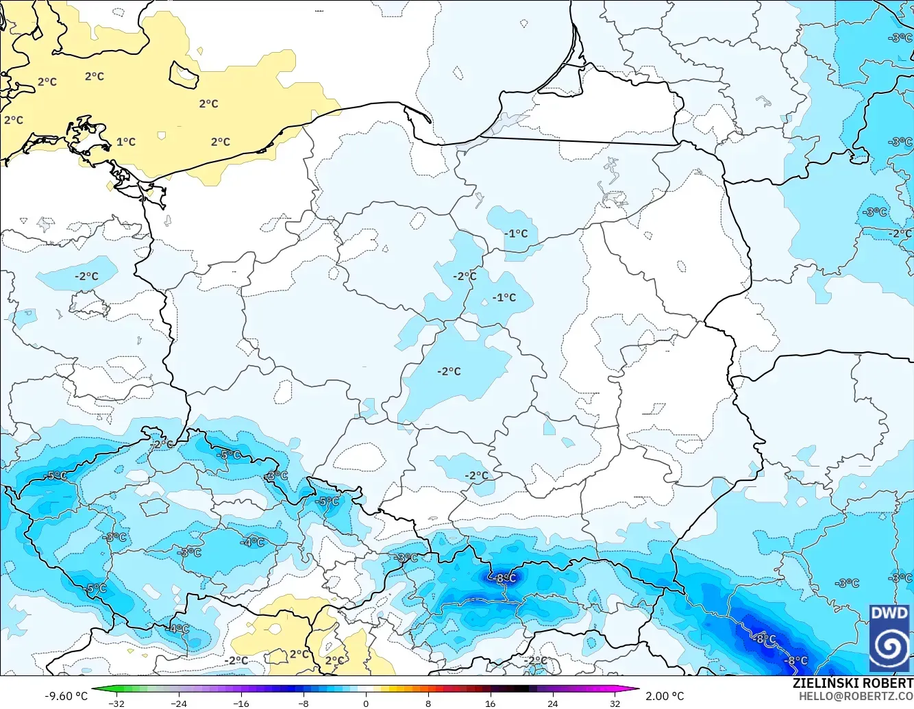 ICON modelo - Polonia, Anomalía de temperatura a 850 hPa