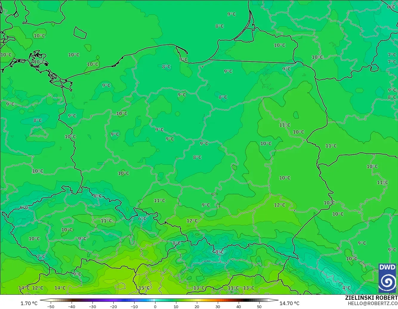 ICON modelo - Polonia, Temperatura a 850 hPa