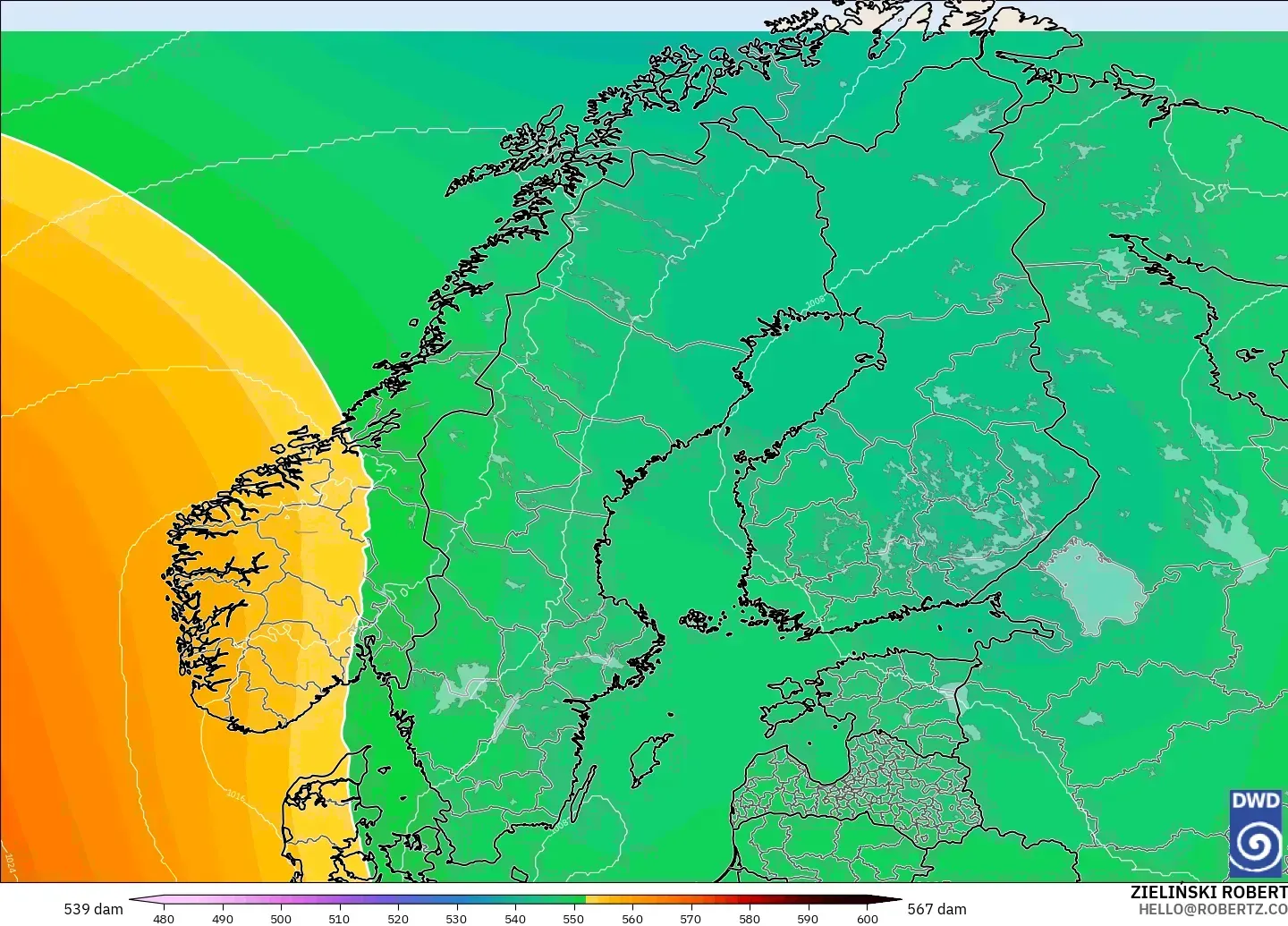 ICON modelo - Escandinavia, Altura geopotencial a 500 hPa