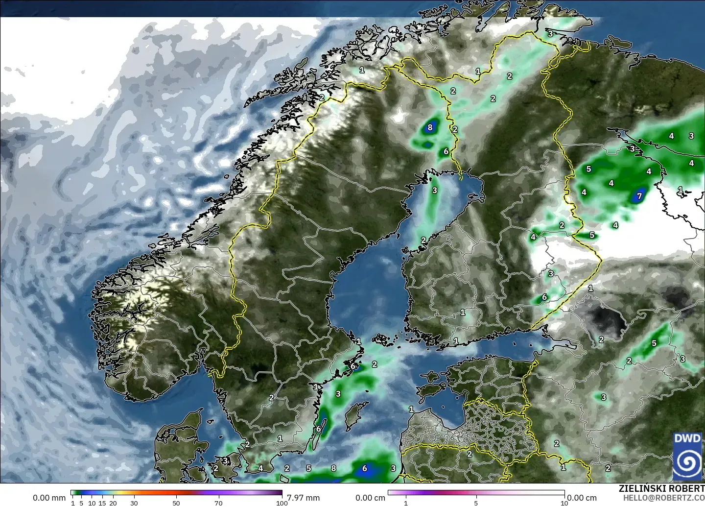 ICON modelo - Escandinavia, Precipitación, nubes y presión