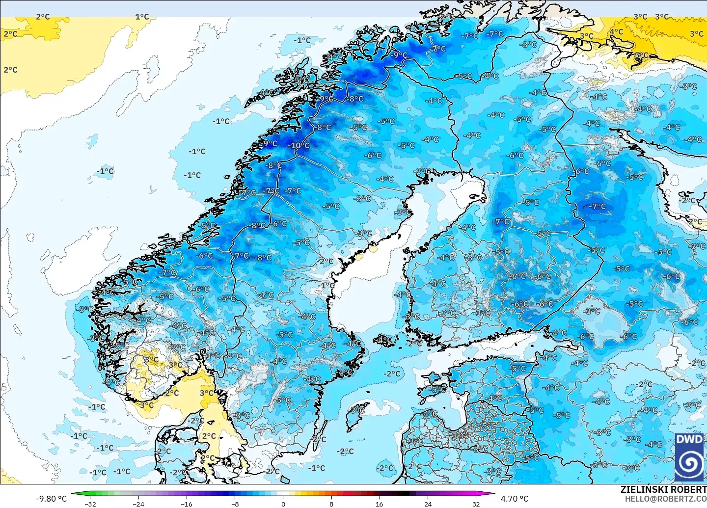 ICON modelo - Escandinavia, Anomalía de temperatura a 2 m