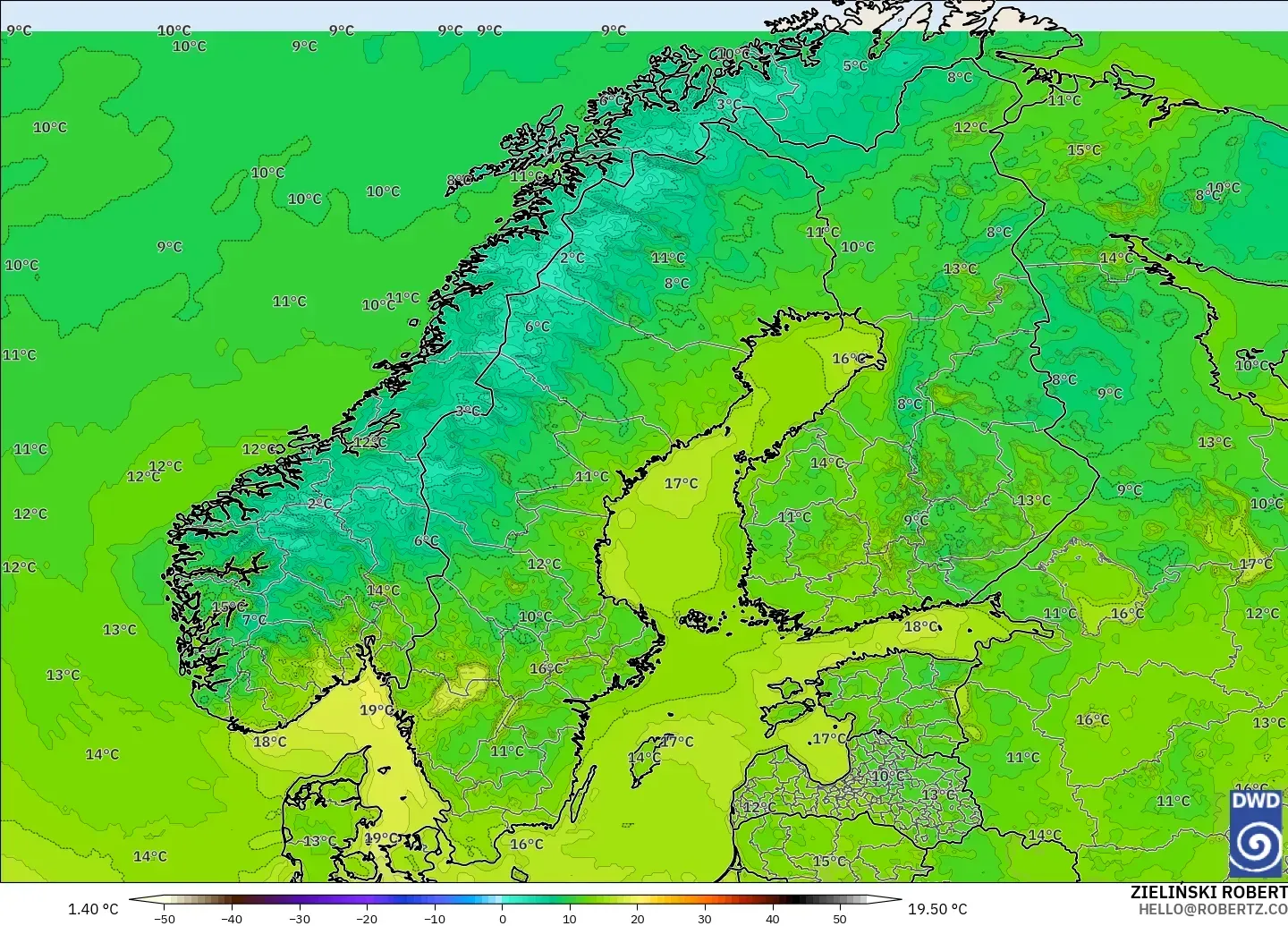 ICON modelo - Escandinavia, Temperatura a 2 m