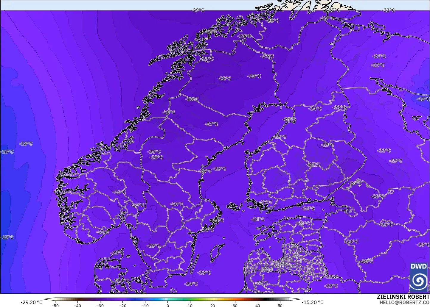 ICON modelo - Escandinavia, Temperatura a 500 hPa