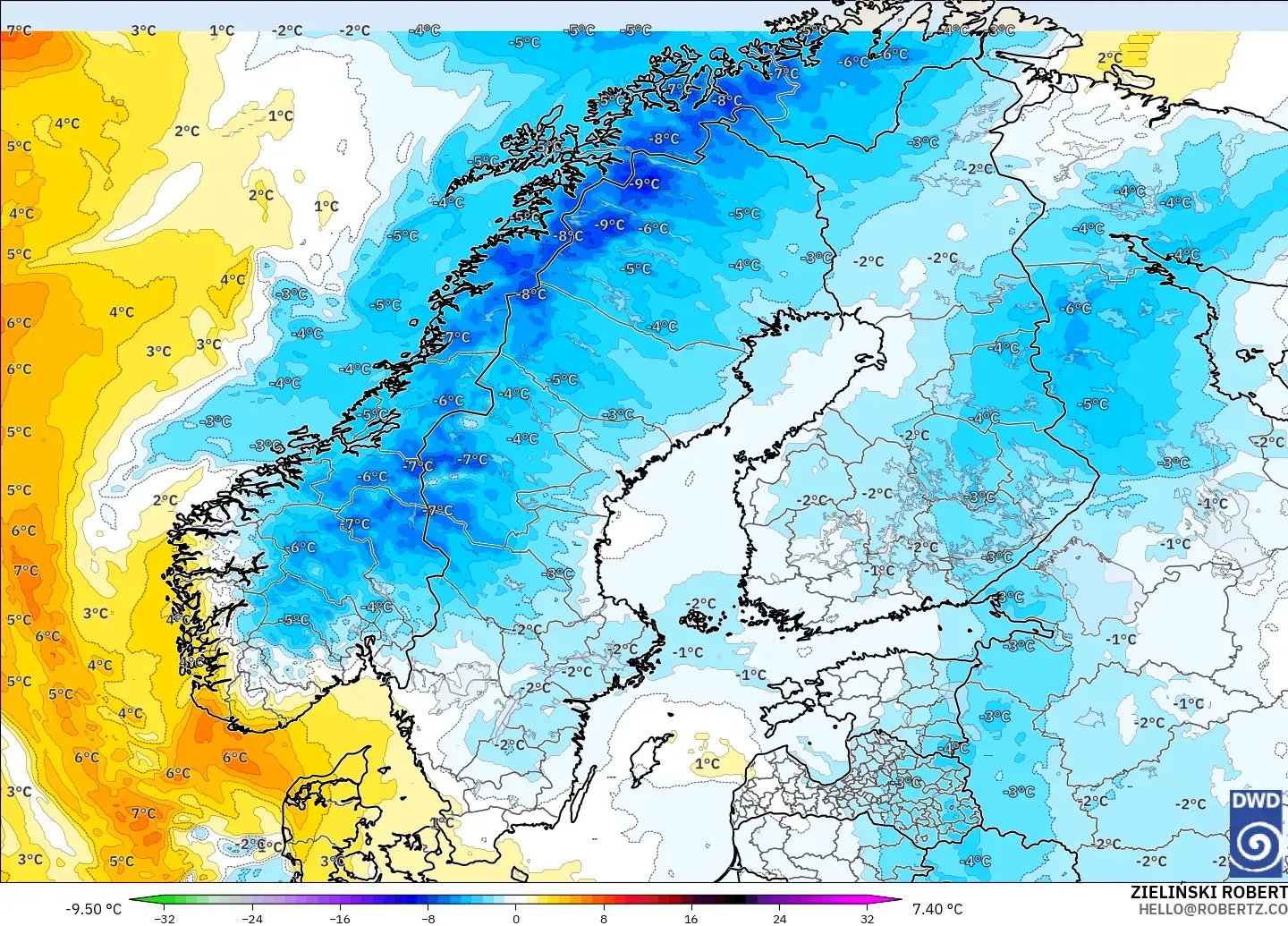 ICON modelo - Escandinavia, Anomalía de temperatura a 850 hPa