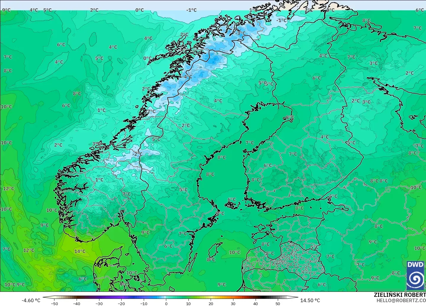 ICON modelo - Escandinavia, Temperatura a 850 hPa