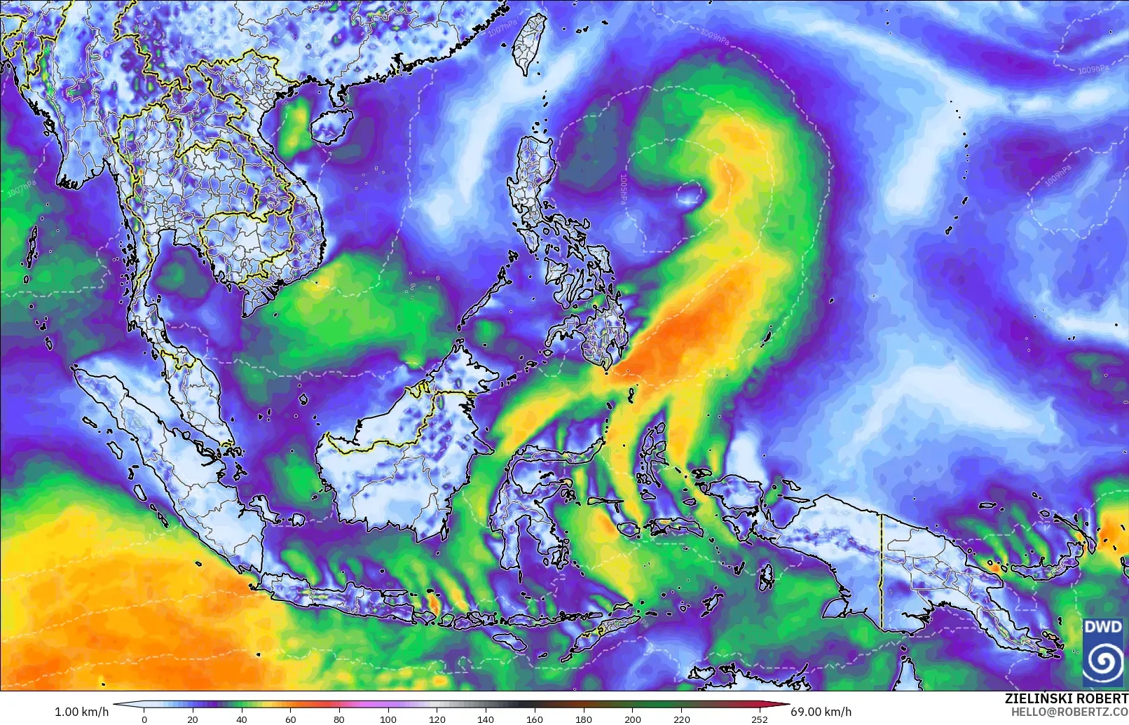 ICON modelo - Sudeste Asiático, Ráfagas de viento