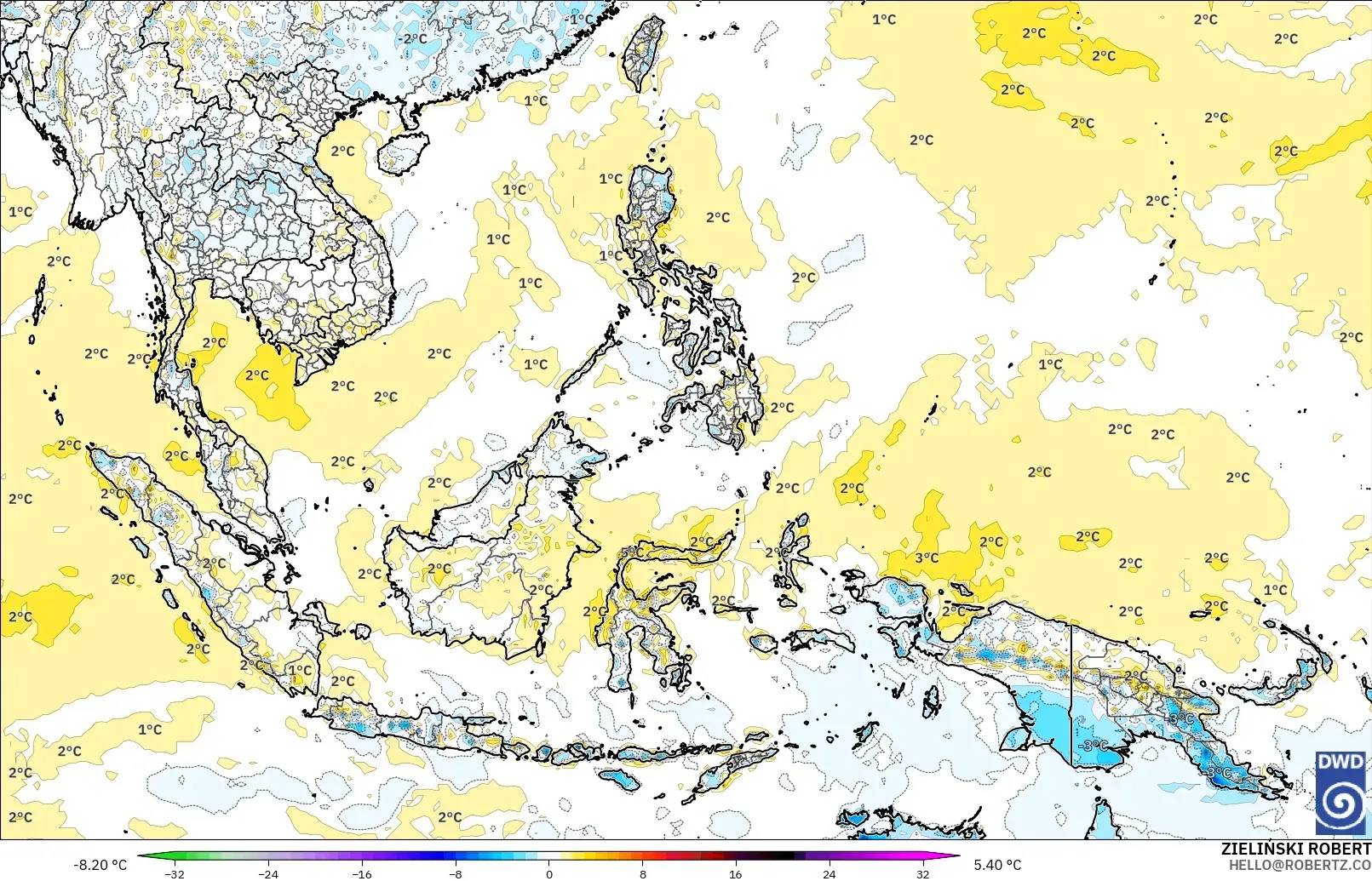 ICON modelo - Sudeste Asiático, Anomalía de temperatura a 2 m