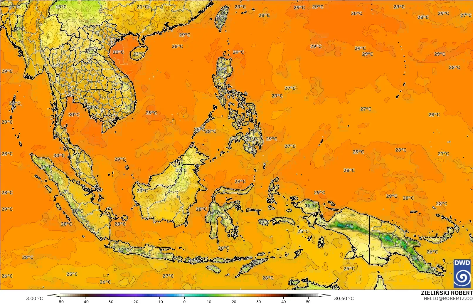 ICON modelo - Sudeste Asiático, Temperatura a 2 m