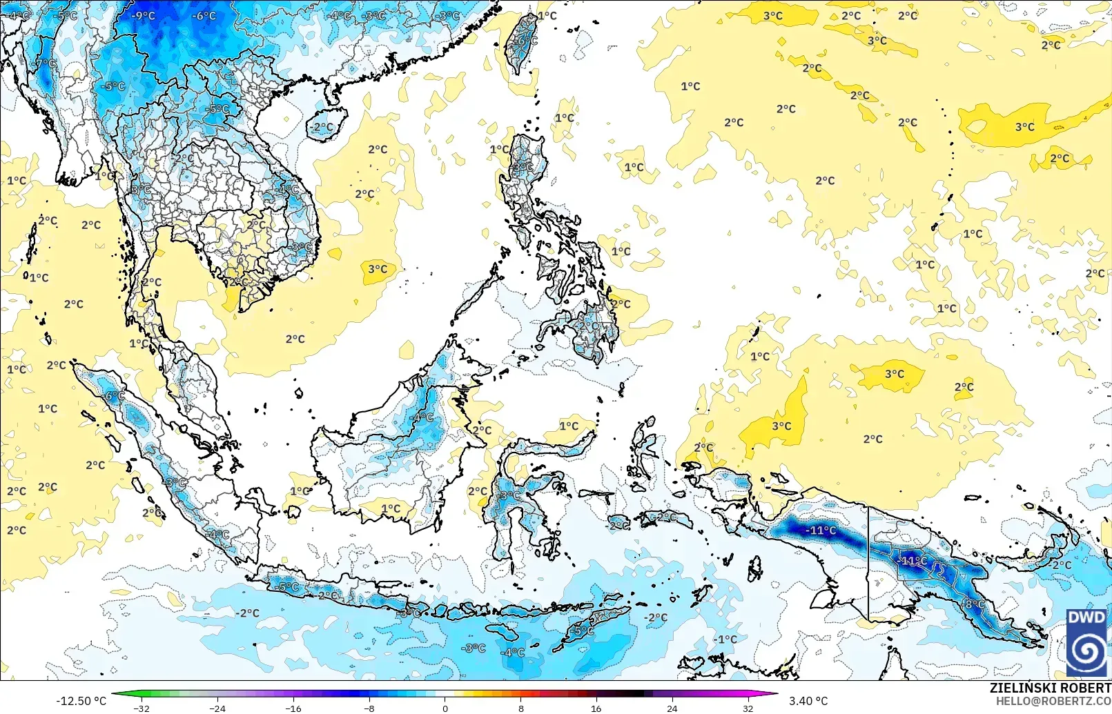 ICON modelo - Sudeste Asiático, Anomalía de temperatura a 850 hPa