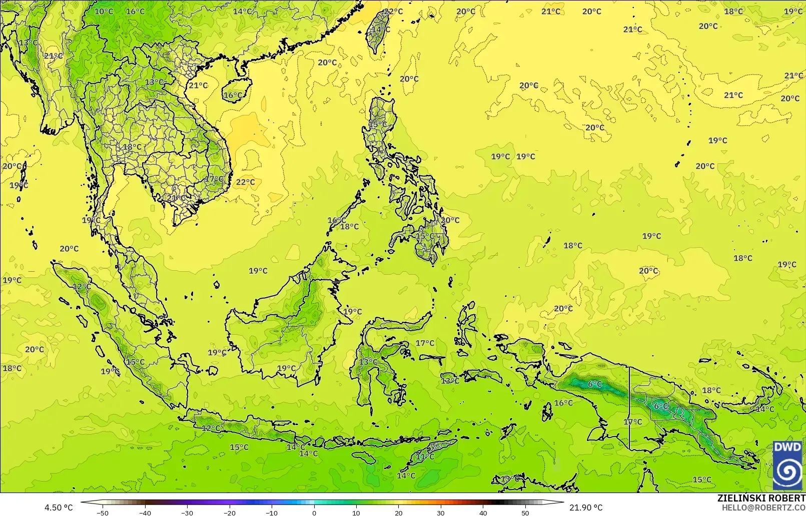 ICON modelo - Sudeste Asiático, Temperatura a 850 hPa