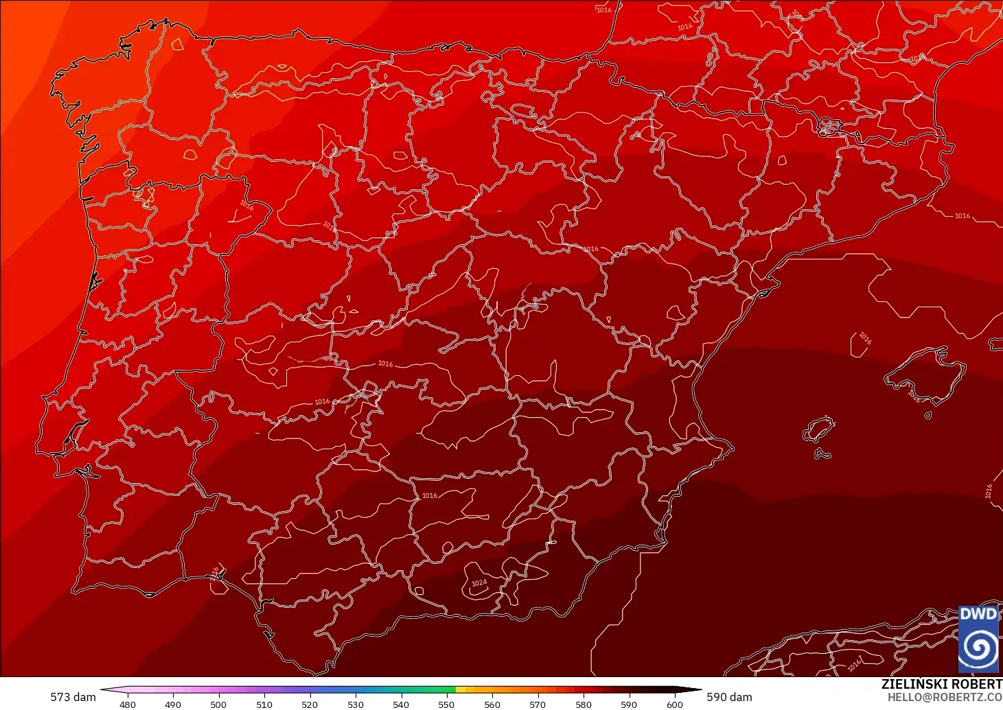ICON modelo - España, Altura geopotencial a 500 hPa