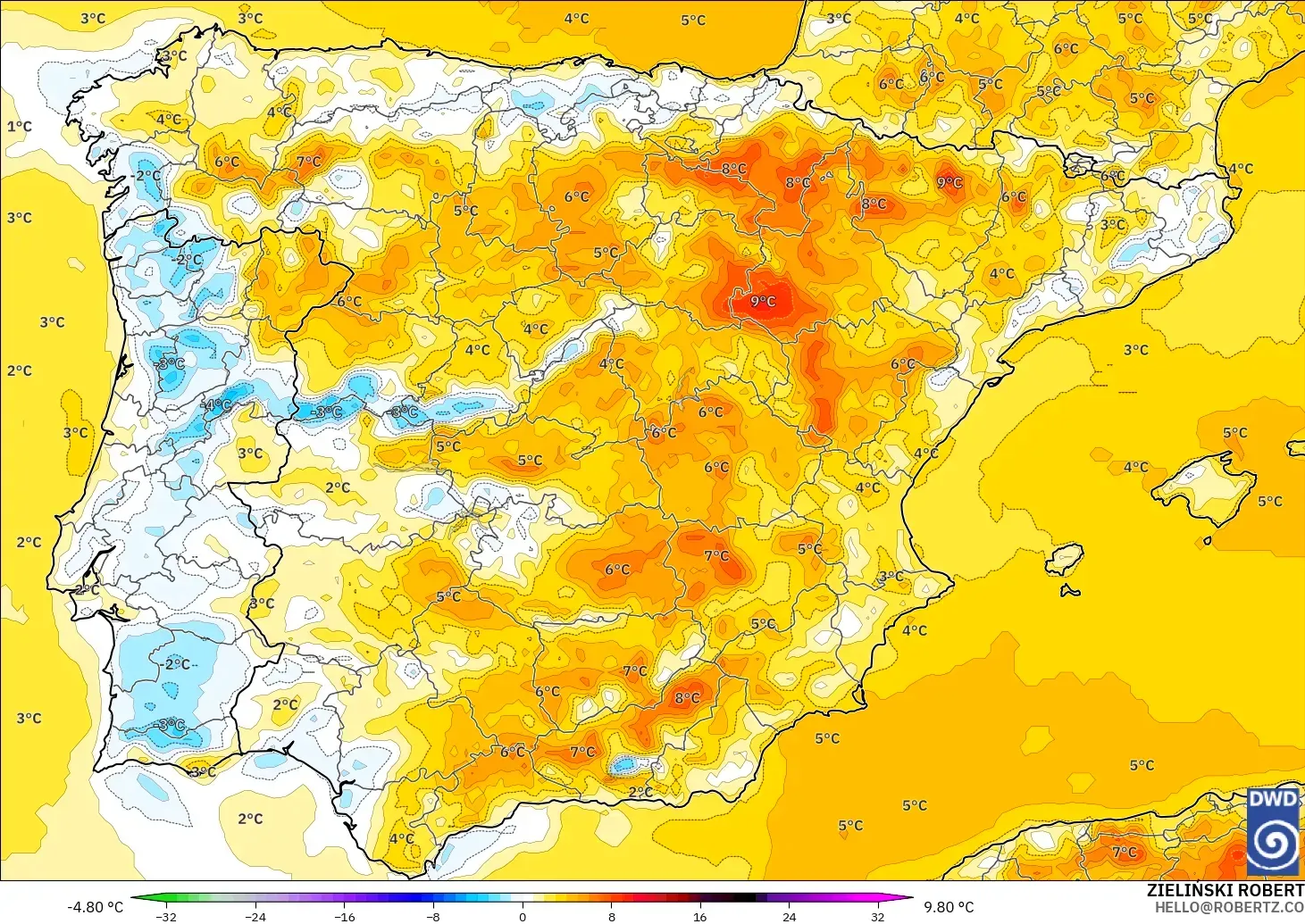 ICON modelo - España, Anomalía de temperatura a 2 m