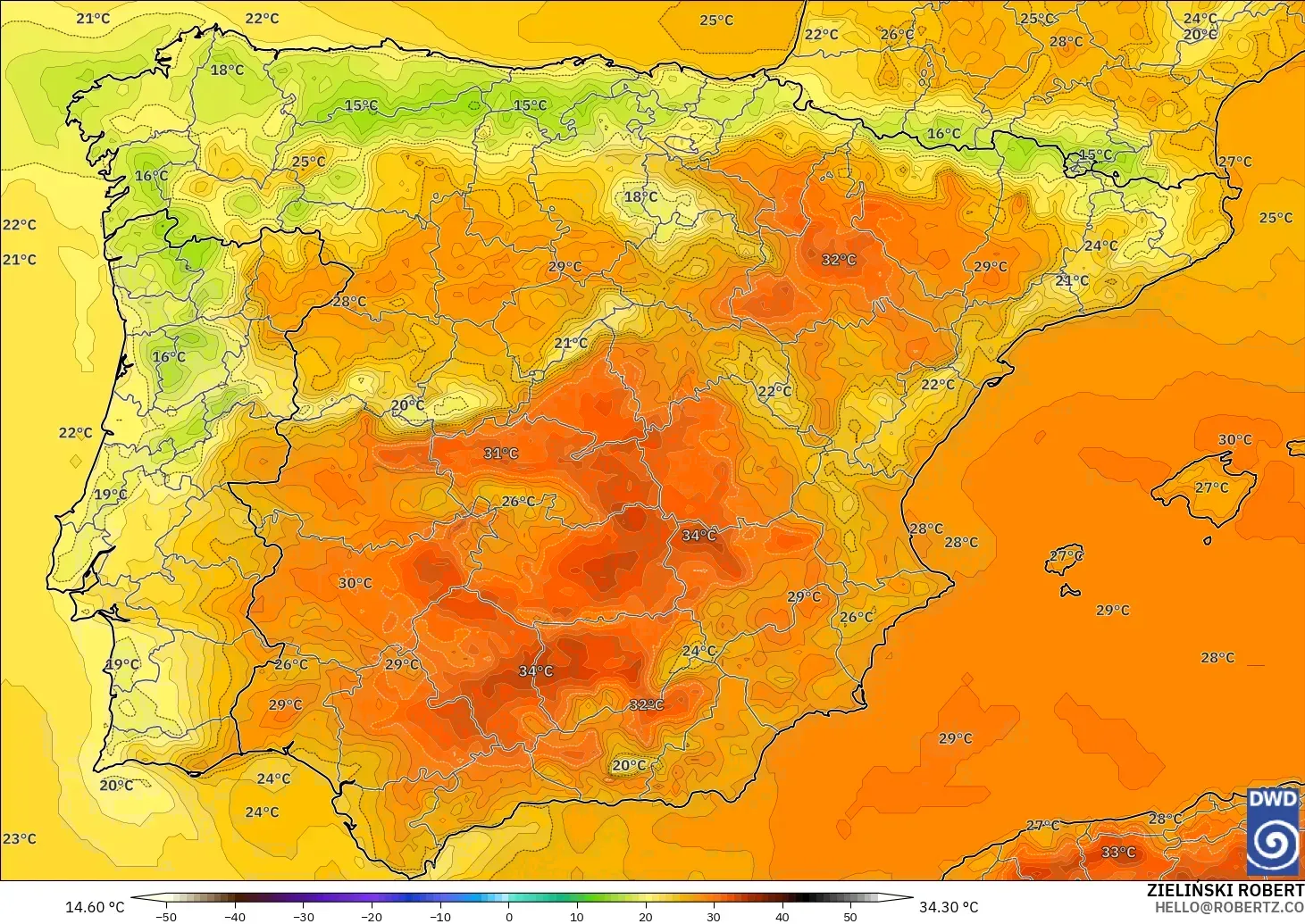 ICON modelo - España, Temperatura a 2 m