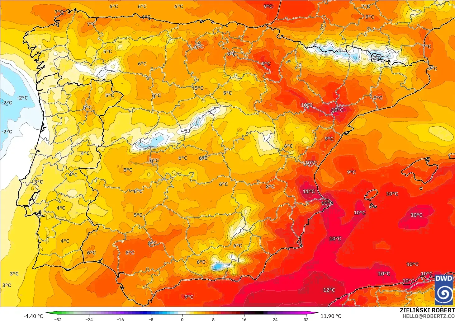 ICON modelo - España, Anomalía de temperatura a 850 hPa