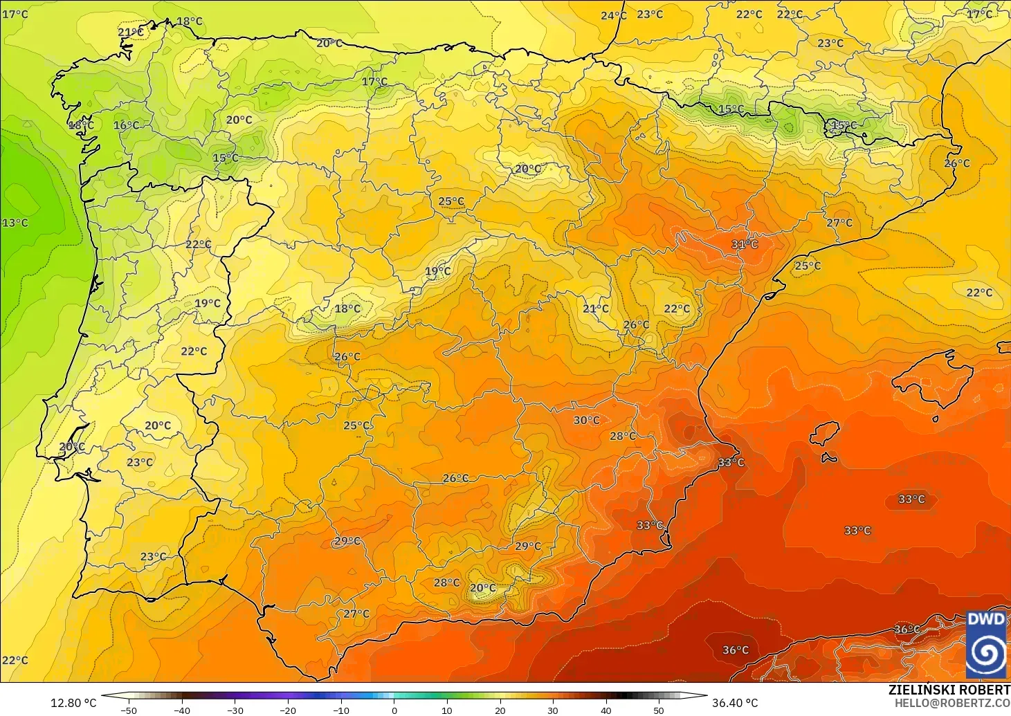 ICON modelo - España, Temperatura a 850 hPa