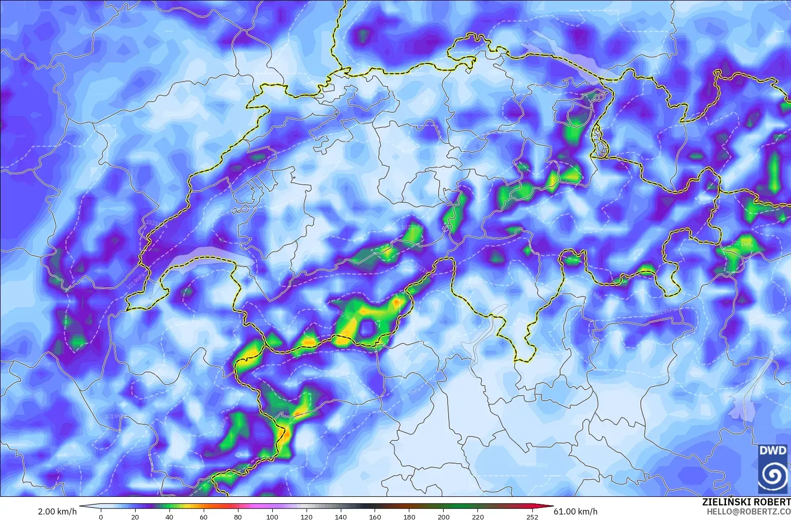 ICON modelo - Suiza, Ráfagas de Viento Máximas