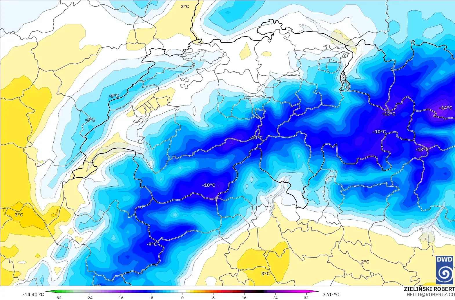 ICON modelo - Suiza, Anomalía de temperatura a 850 hPa