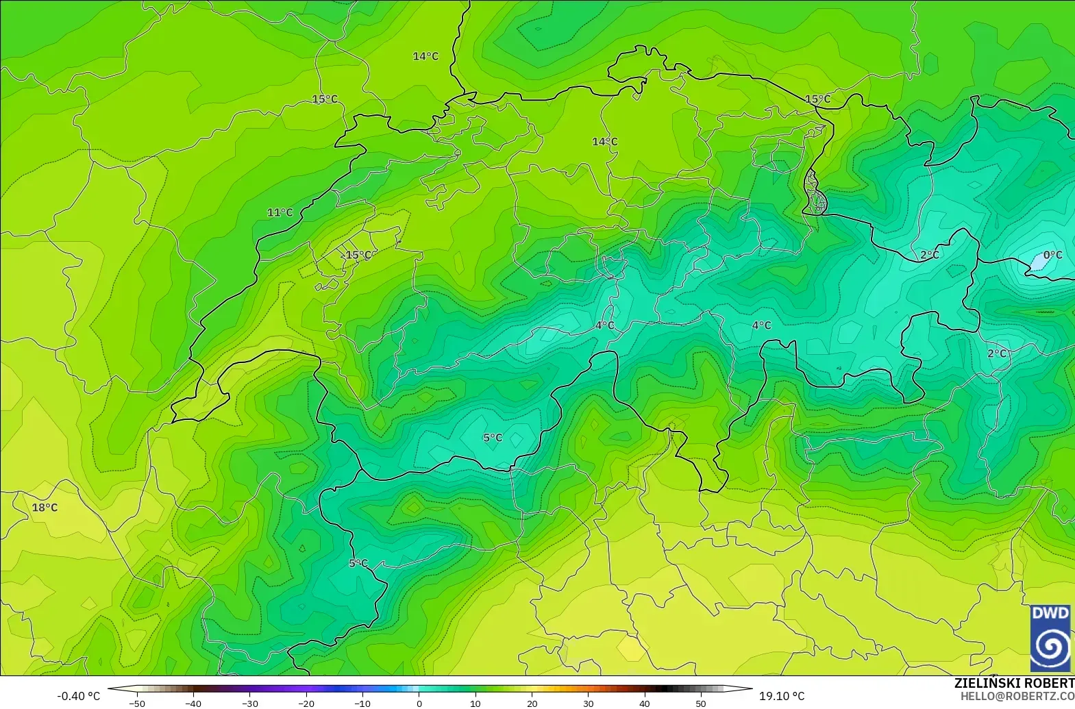 ICON modelo - Suiza, Temperatura a 850 hPa